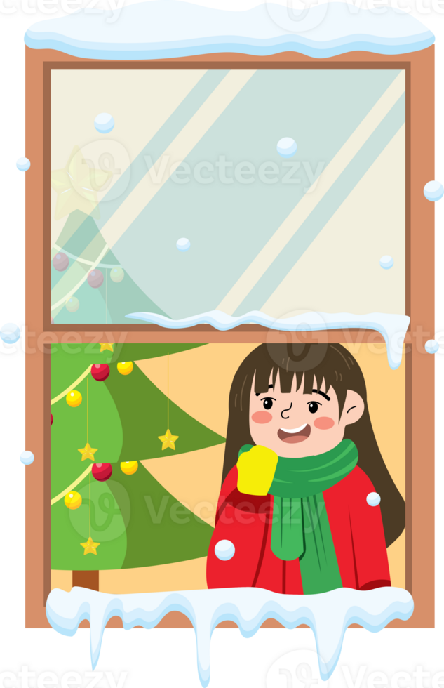 Little Kid Enjoying Christmas Inside While Snow Falls Outside png