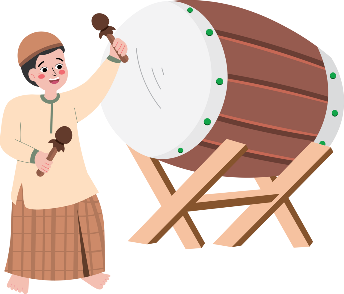 Child Playing Islamic Drum in Mosque Before Evening Call to Prayer png