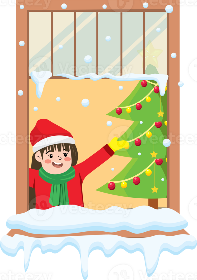 Warm Christmas Scene with Child Watching Snow Outside Window png