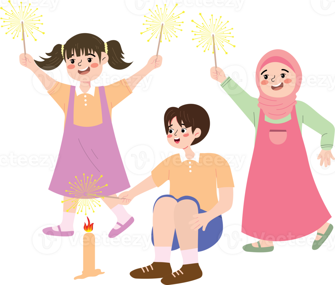 Festive Eid Night with Children Holding Sparklers png