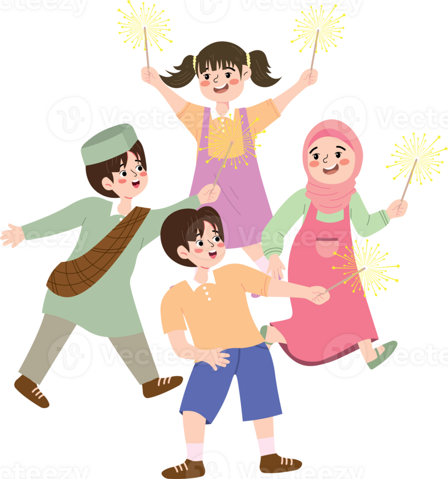Happy Kids Enjoying Fireworks During Muslim Holiday png