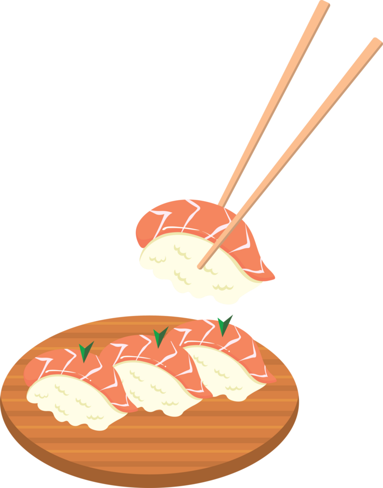 Gourmet Salmon Sushi Ready to Eat on Wooden Sushi Tray png