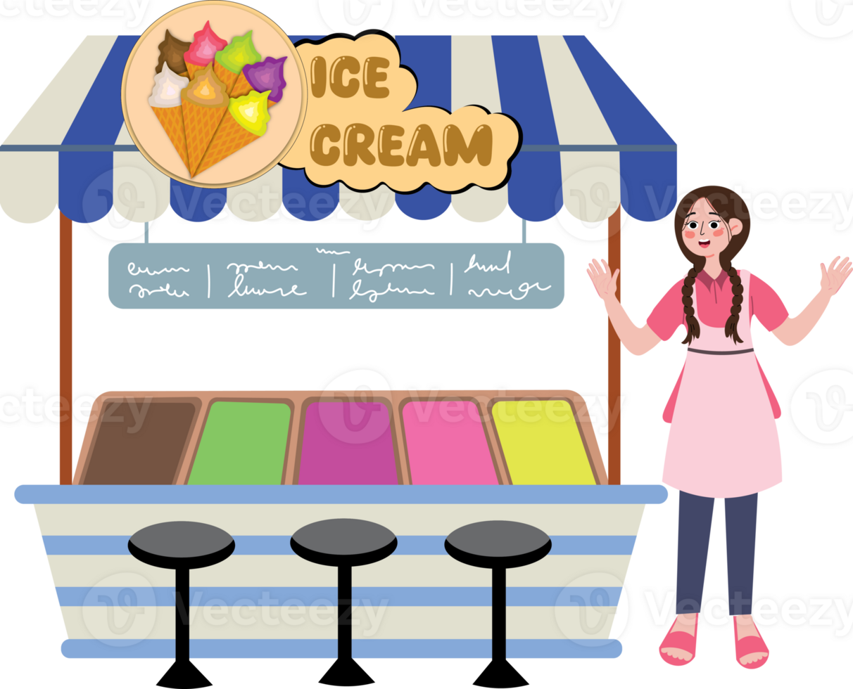 Ice Cream Display Stall with Various Colorful Flavors png