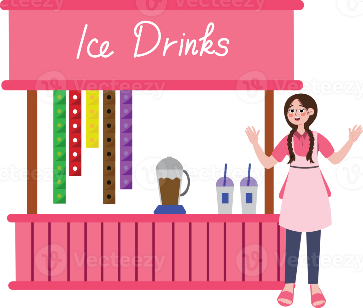 Ice Drink Vendor Stall with Plastic Cups and Colorful Flavors png