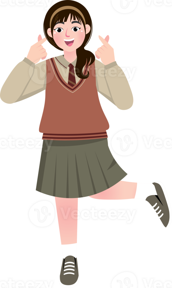Smiling Girl in Uniform with K-Pop Heart Pose png