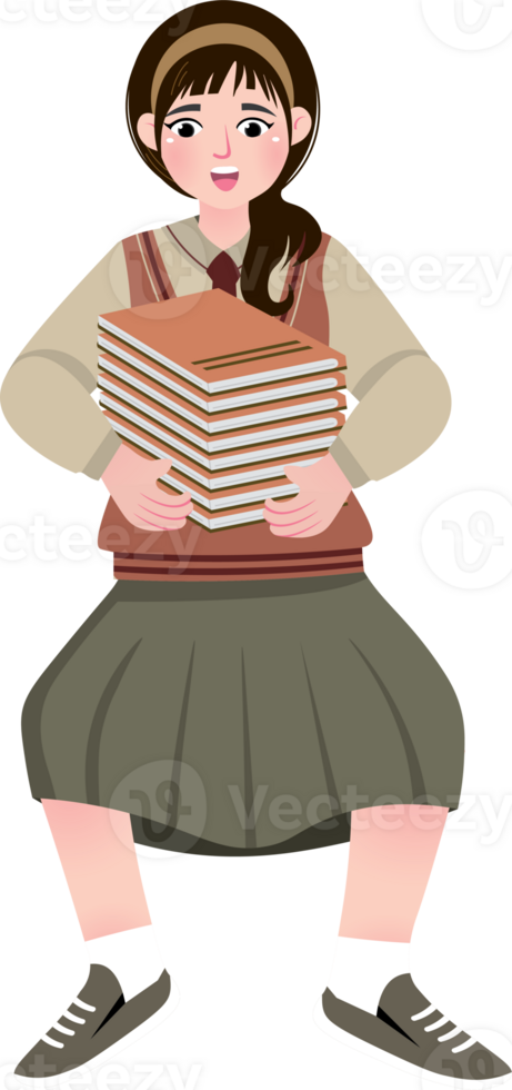 Korean Schoolgirl Carrying Stack of Books with Determined Look png