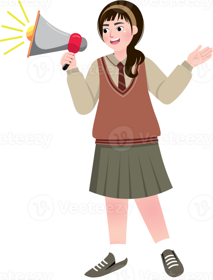Korean Schoolgirl Making an Announcement with Loudspeaker png