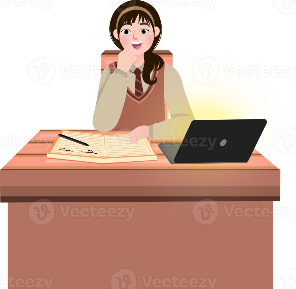 Korean Female Student Studying at Desk and Taking Notes png