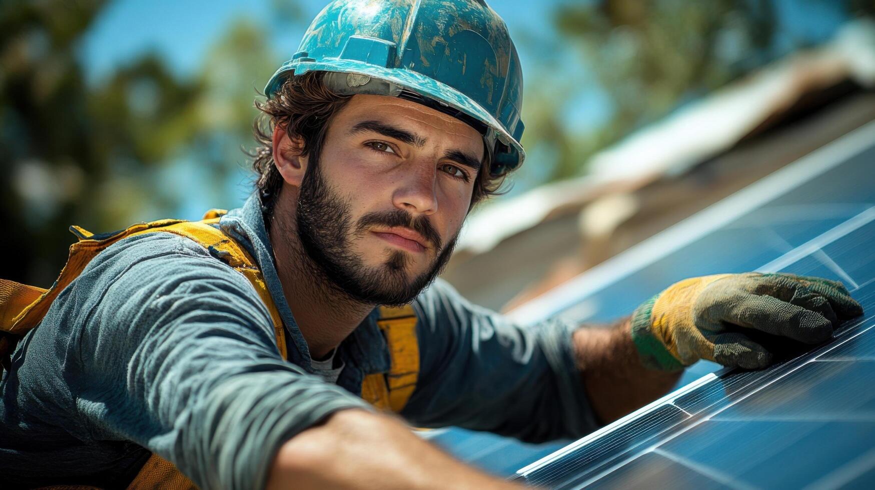Handyman working on solar panel installation at a residential rooftop under clear blue skies showcasing sustainability and renewable energy efforts photo