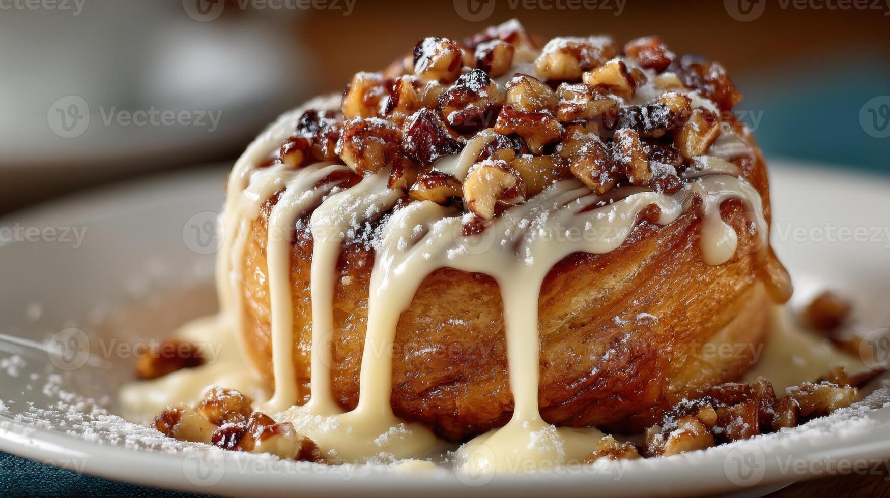 A pastry with nuts and icing on top photo