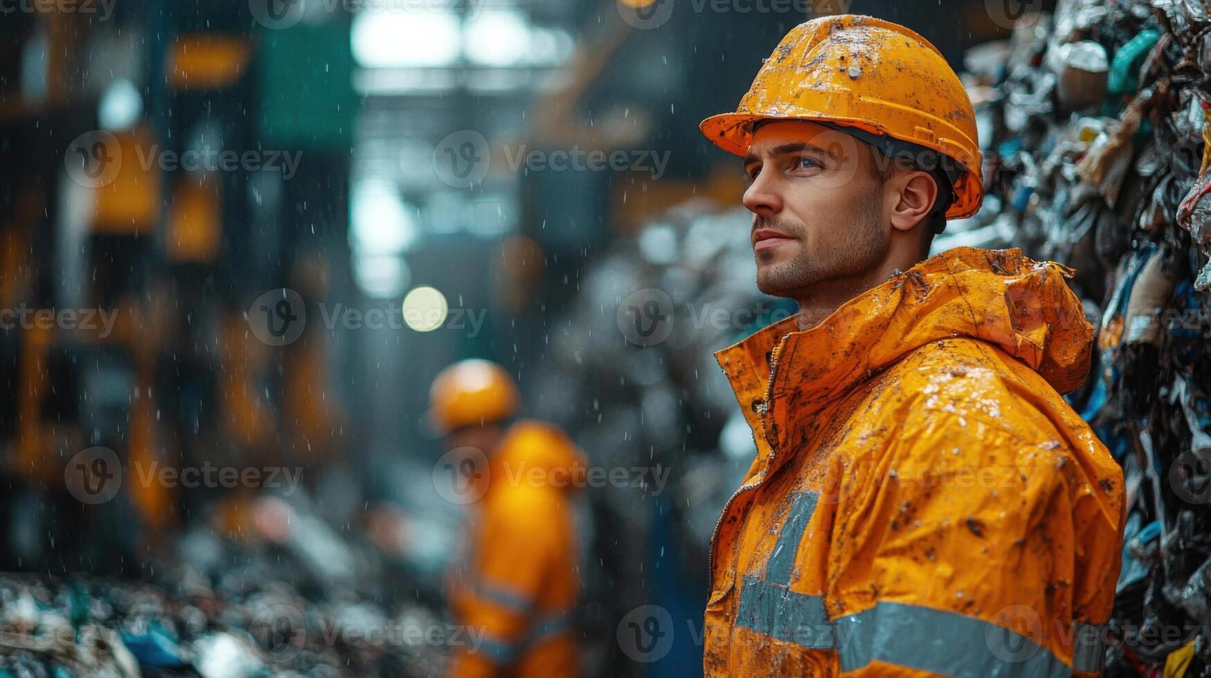 A man in an orange jacket and hard hat standing in front of a pile of garbage photo