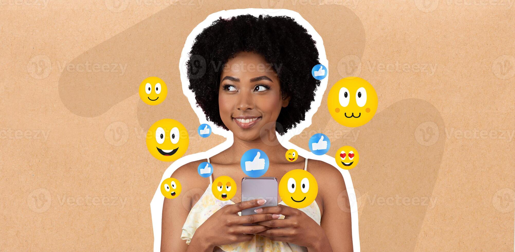 A young African American woman with curly hair smiles while texting on a smartphone, surrounded by colorful social media icons. It's a joyful moment filled with online engagement and connection. photo