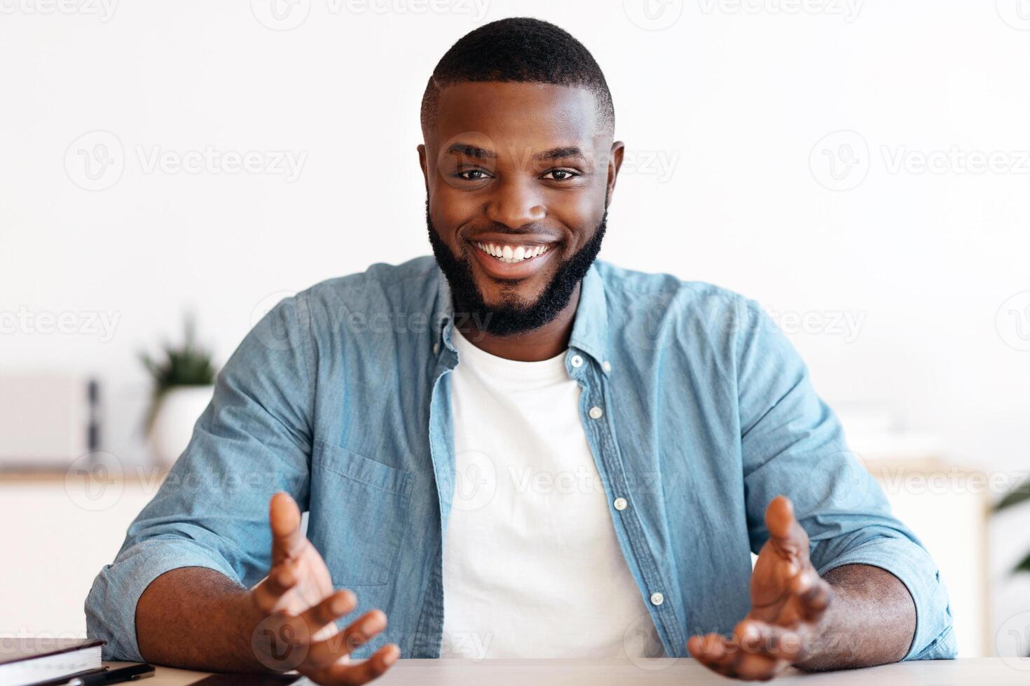 Online Interview. Device Screenshot With Smiling Black Guy Making Call, Positive Millennial African American Hr Manager Having Web Chat With Potential Employee, Talking At Camera, Webcam View photo