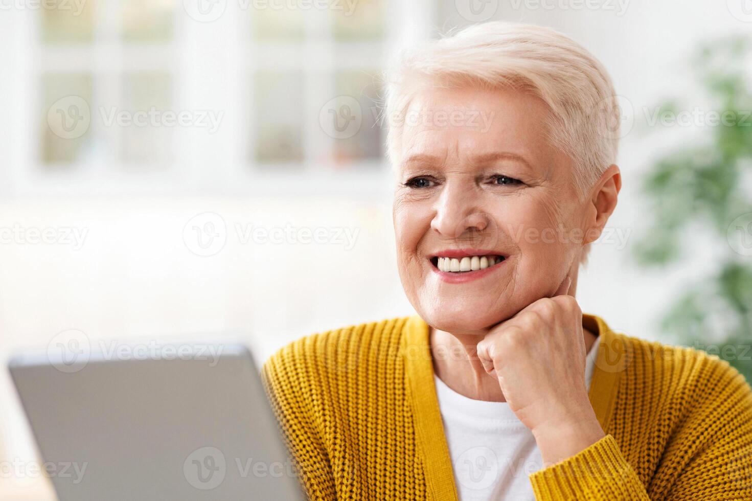 Closeup of happy old grey-haired woman using digital tablet in kitchen, empty space. Happy modern grandmother reading culinary blog or book online, surfing on Internet on newest pad at home photo