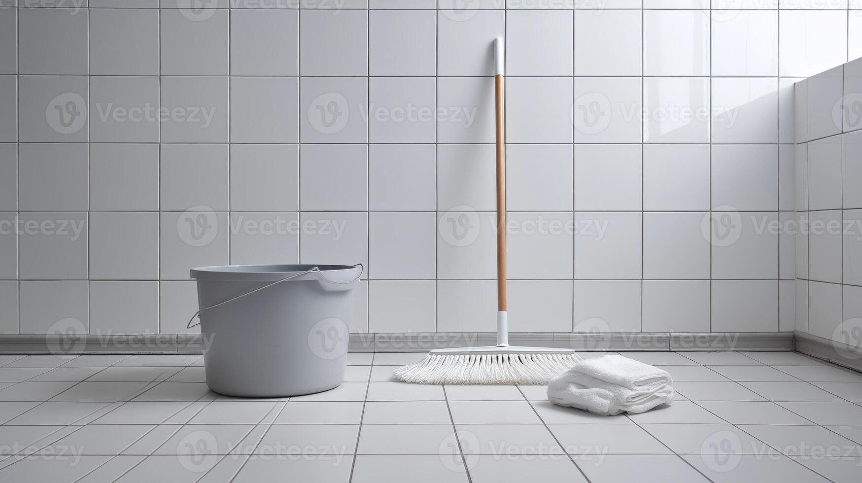 Mop and bucket sit on shiny tiles in a well-lit bathroom, inviting a thorough cleaning session. photo