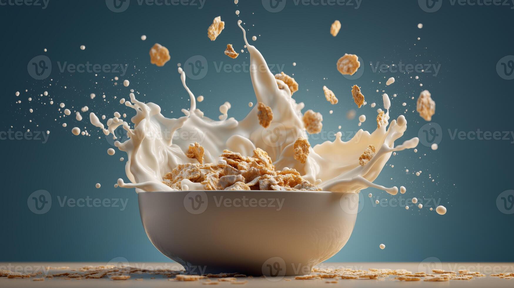 Milk and cereal collide in a lively splash, capturing the essence of a joyful morning meal. photo