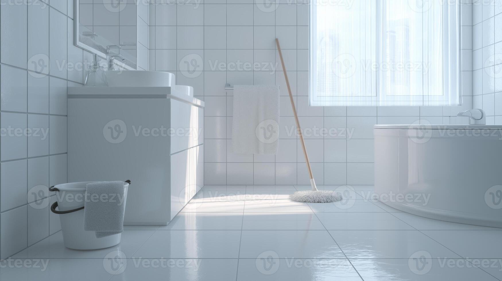 A well-lit bathroom features a clean bathtub, a mop, and a bucket, reflecting a serene atmosphere. photo