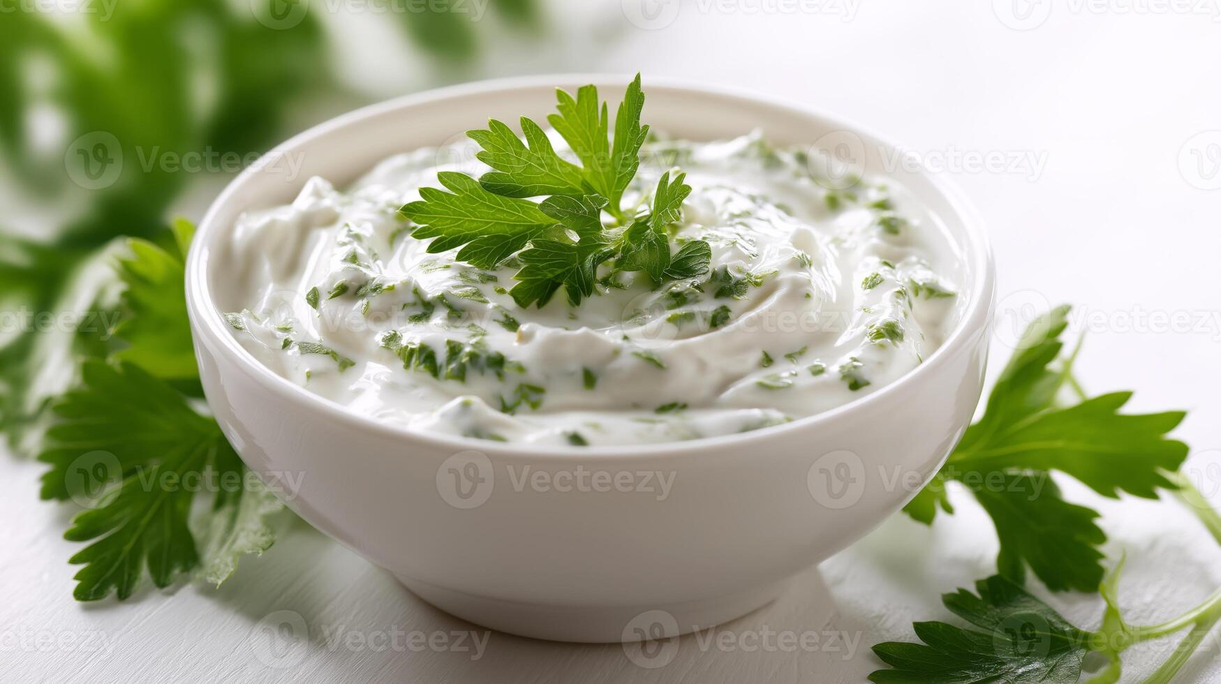 A fresh herb dip sits in a bowl, surrounded by parsley leaves on a kitchen counter. photo