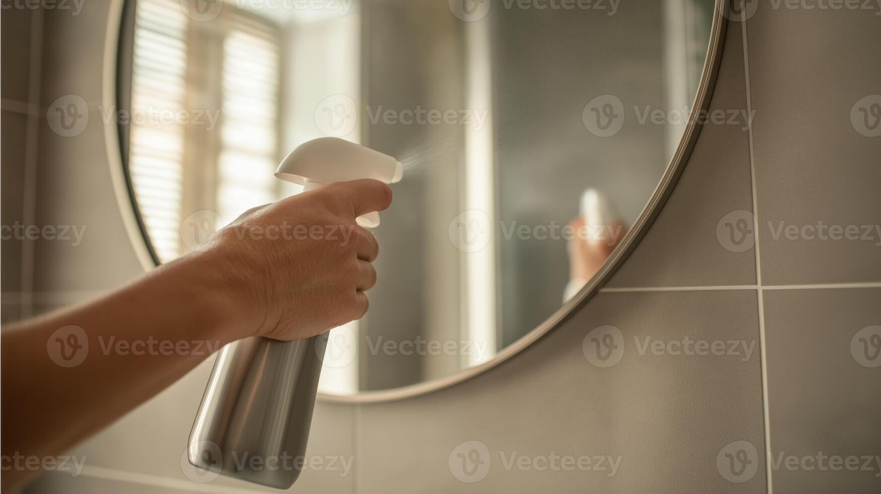 A person is cleaning a round mirror in a well-lit bathroom, focusing on hygiene. photo