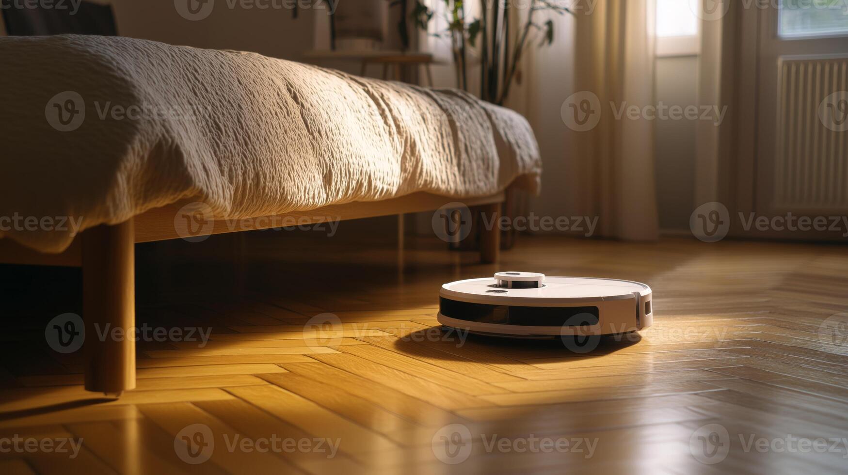 A robot vacuum moves quietly across a hardwood floor illuminated by afternoon sunlight. photo