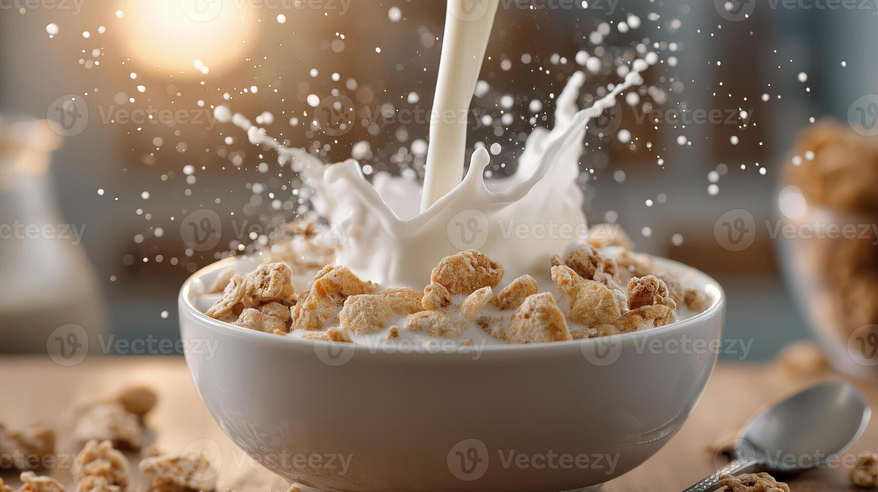 Milk pours over cereal in a bowl, creating a splash in a warm, inviting kitchen setting. photo