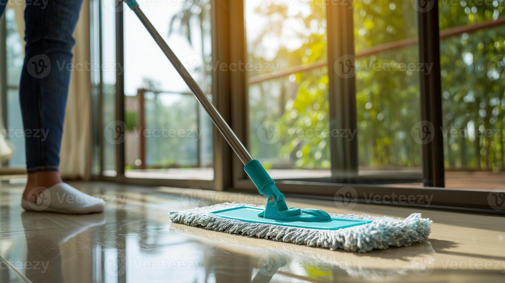 A person mops a shiny floor as sunlight streams through large windows onto outdoor greenery. photo