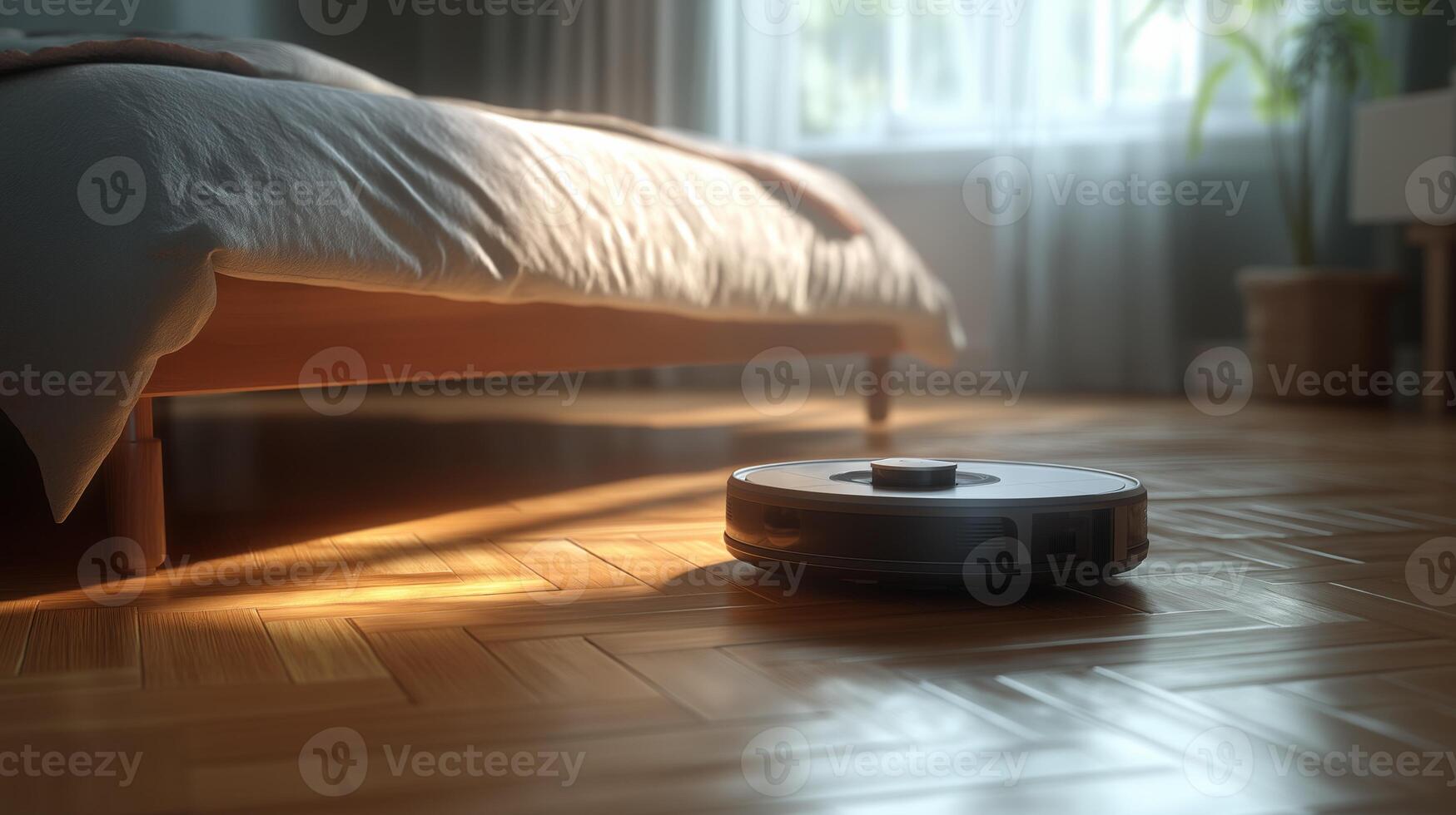 A robot vacuum operates on a wooden floor in a bright bedroom filled with natural light. photo