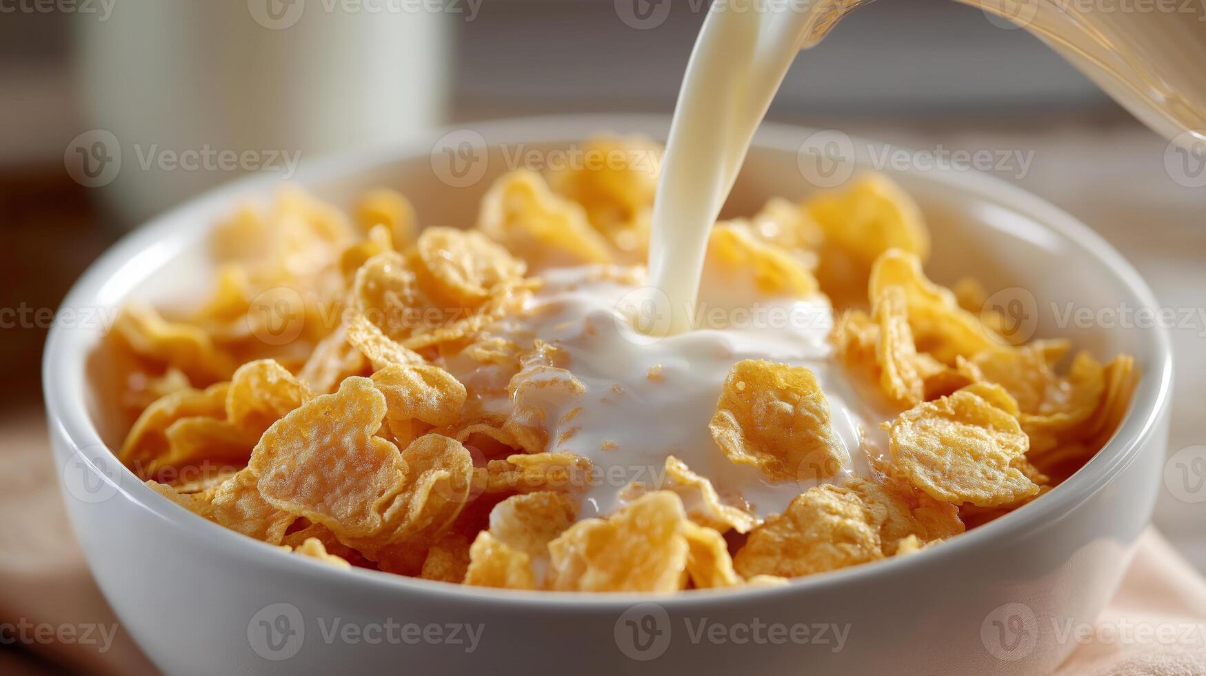 Crispy corn flakes are being covered with milk in a white bowl, perfect for breakfast enjoyment. photo