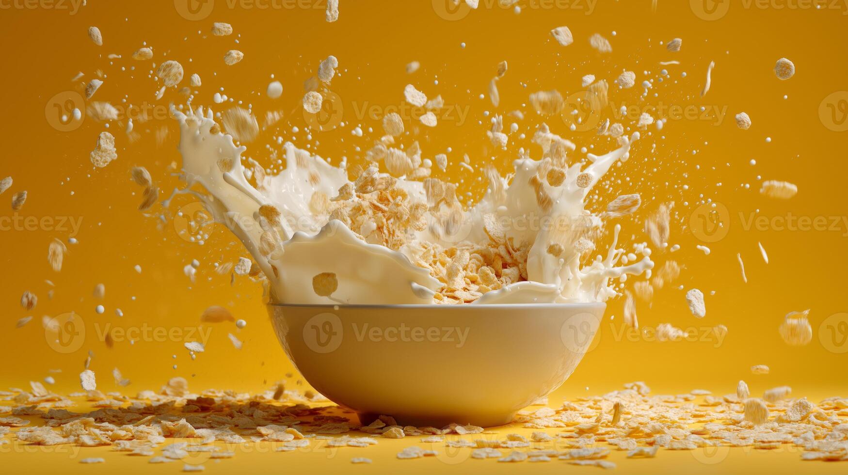 A cereal bowl splashes milk, creating an energetic breakfast against a yellow backdrop. photo