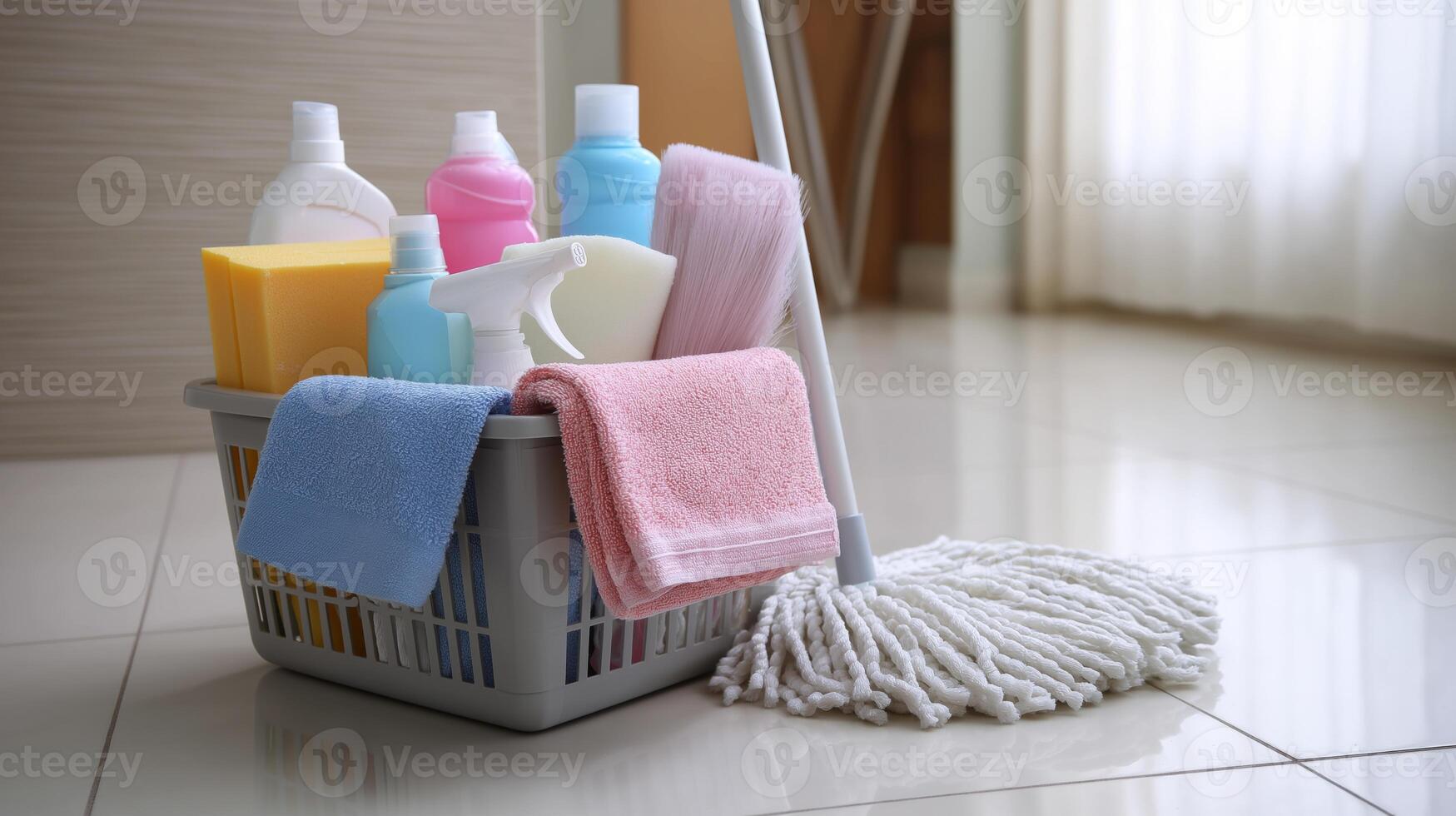 Cleaning supplies neatly arranged in a basket, ready for use in a bright room during the day. photo