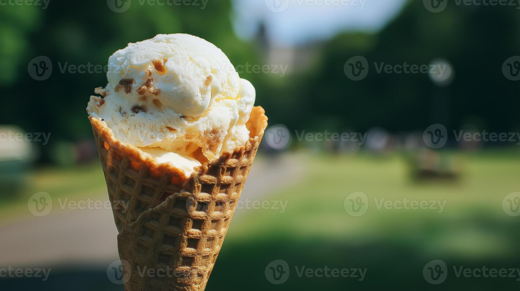 A person holds an ice cream cone with a creamy scoop in a vibrant park setting. photo