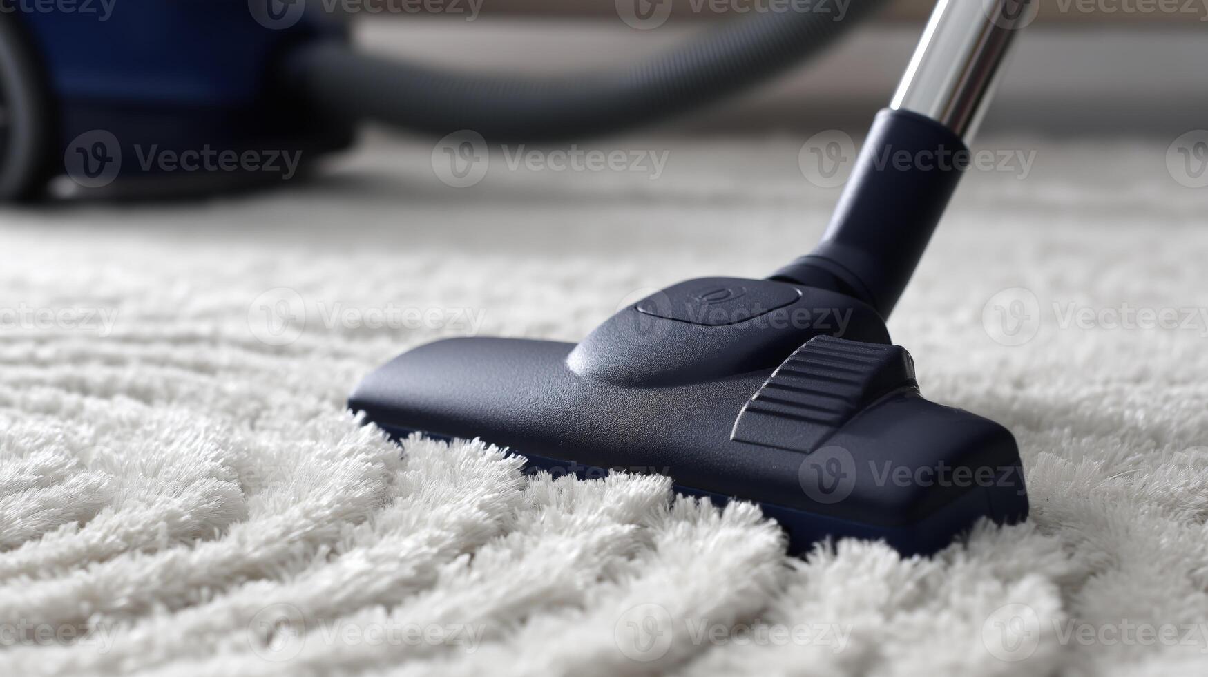 A vacuum cleaner is being used on a soft, textured carpet in a well-lit living room. photo