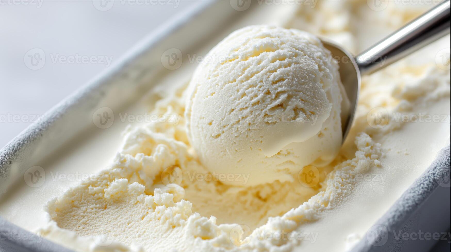 A silver scoop lifts a smooth ball of vanilla ice cream from the container. photo