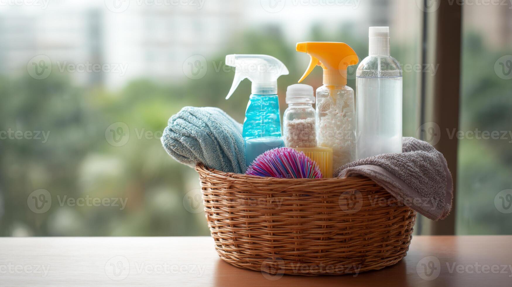 A basket filled with various cleaning supplies and towels sits on a wooden table beside a window. photo