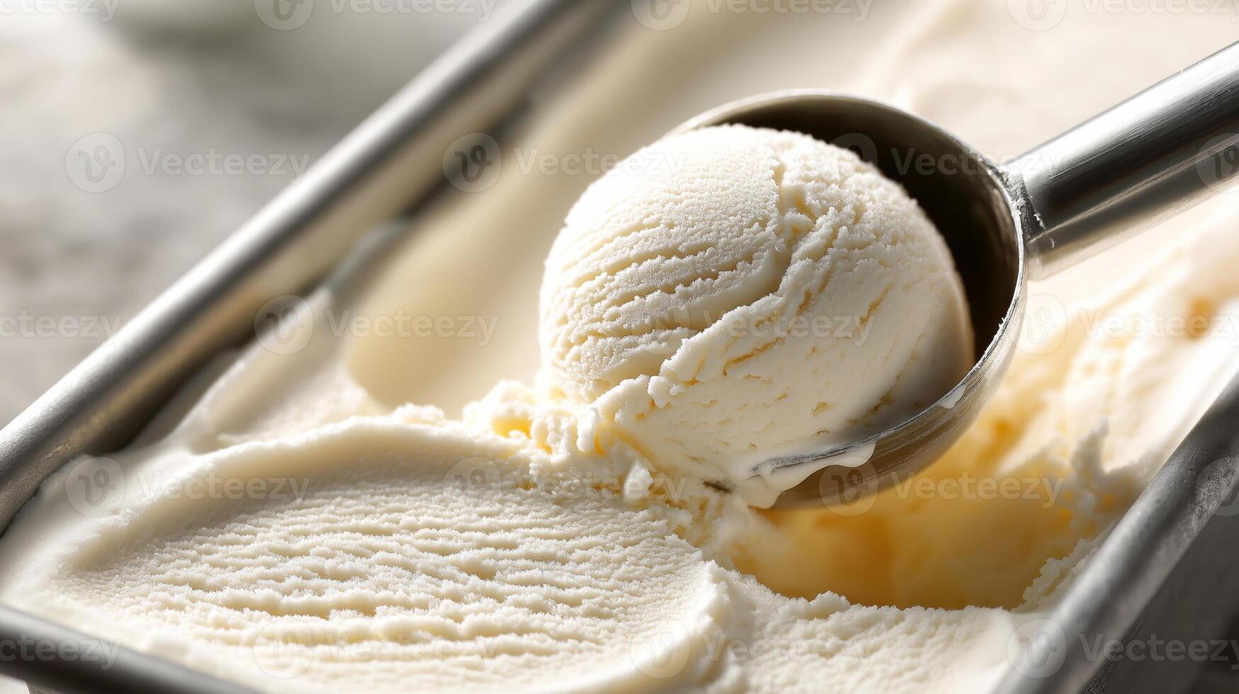 A close-up of creamy vanilla ice cream being scooped from a container, showcasing its rich texture. photo