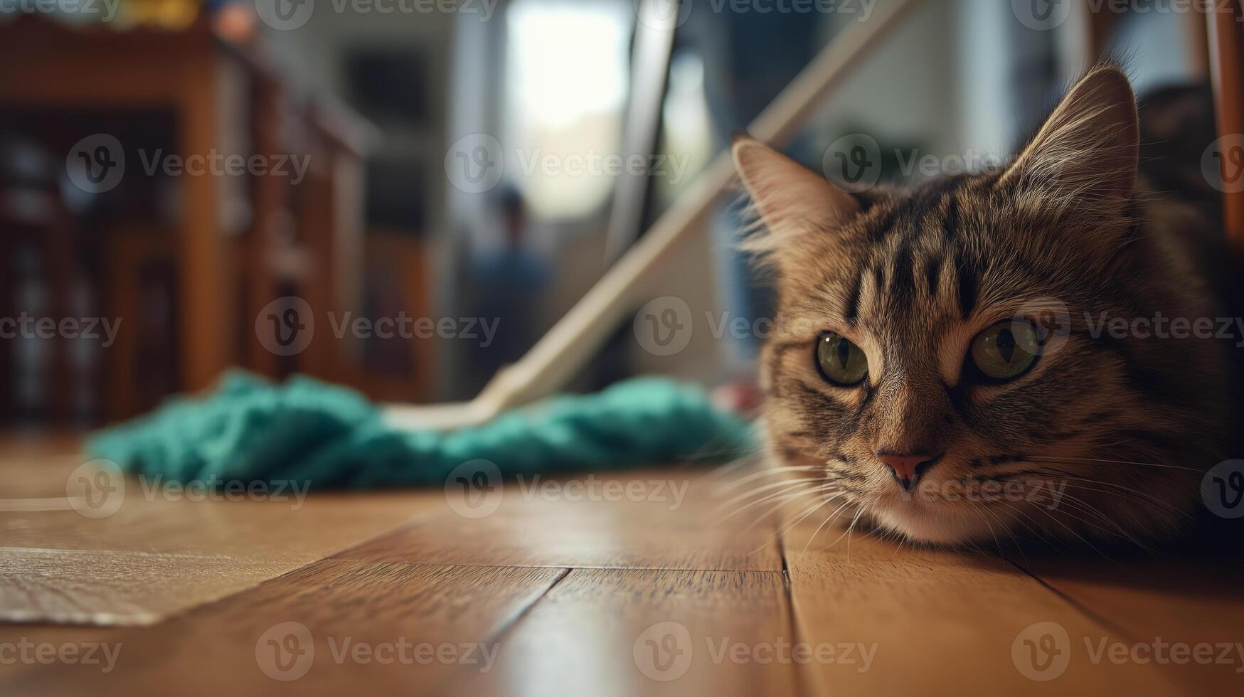 A cat relaxes on the floor while a person tidies the sunlit living room. photo