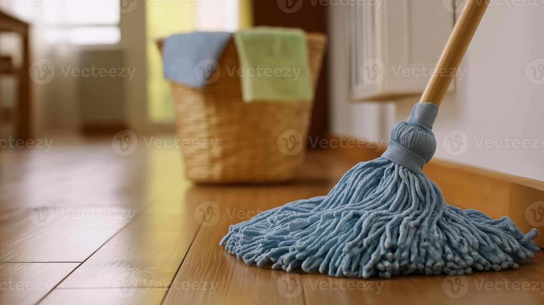 A mop is being used to clean a wooden floor in a well-lit indoor space with a basket nearby. photo