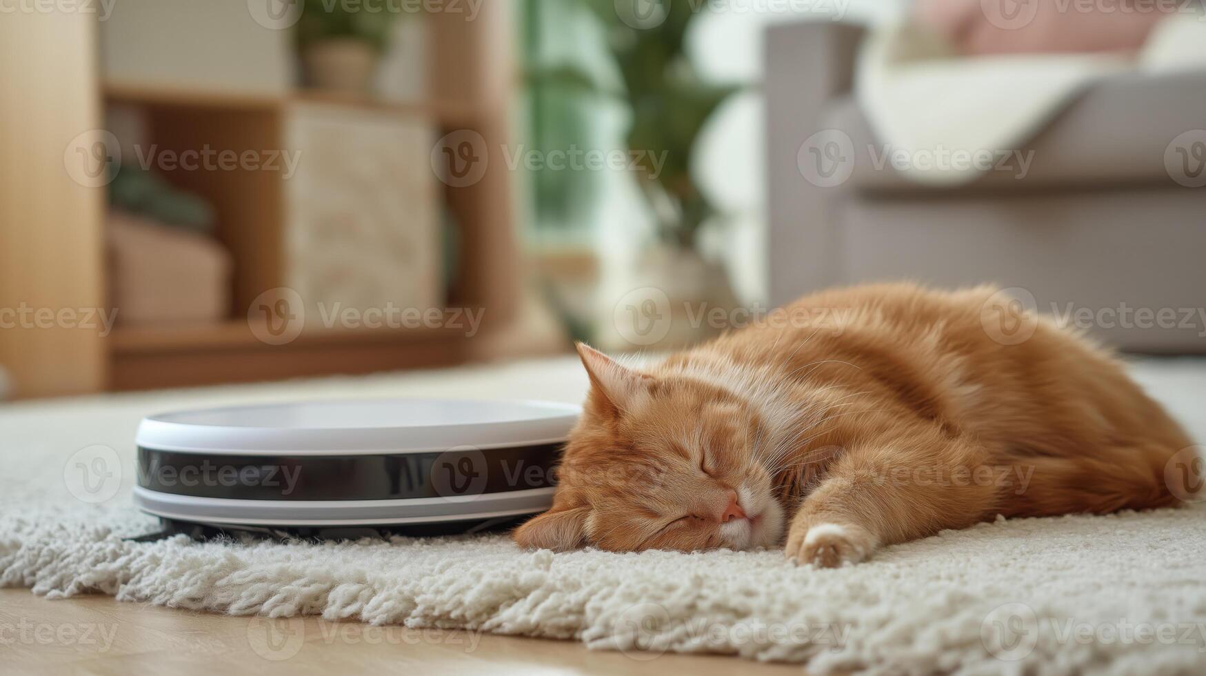 A fluffy orange cat is taking a nap next to a robotic vacuum cleaner in a bright living room. photo