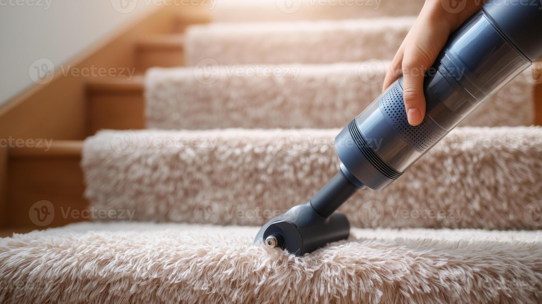 A person uses a vacuum cleaner to clean soft carpet on stairs in a well-lit space. photo
