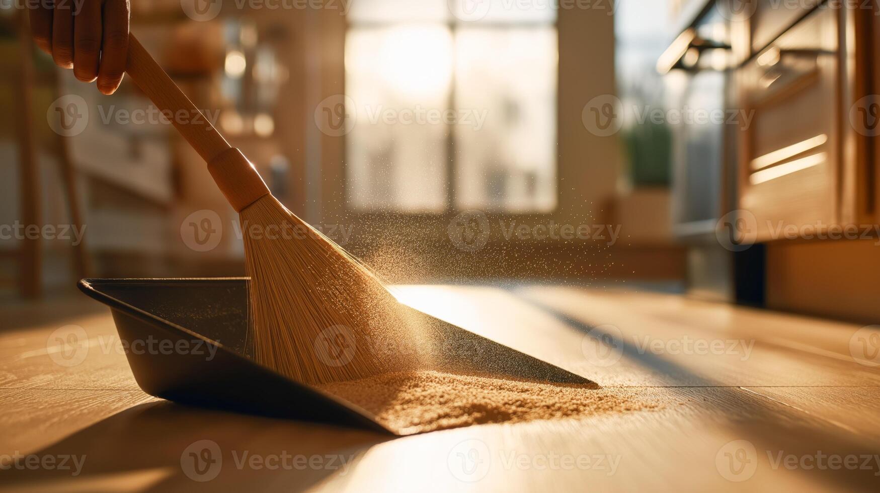 A person uses a broom to gather dust into a dustpan in a bright kitchen. photo