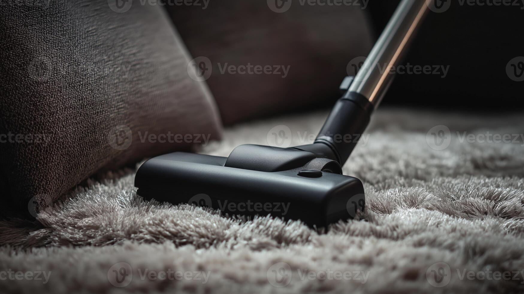 A powerful vacuum cleaner is removing dust and debris from a soft carpet in a living room. photo
