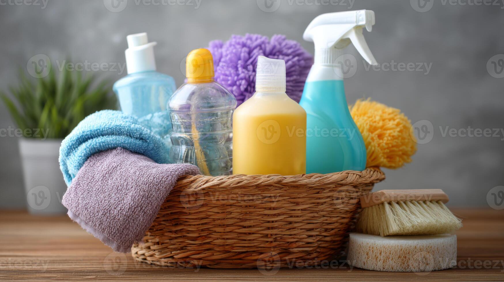 Various cleaning products and tools are displayed neatly in a woven basket on a wooden surface. photo