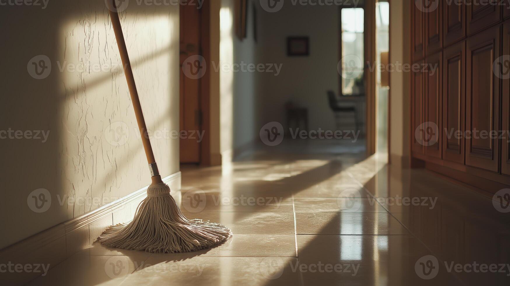 A mop leans against a smooth floor as sunlight illuminates the hallway in a home. photo