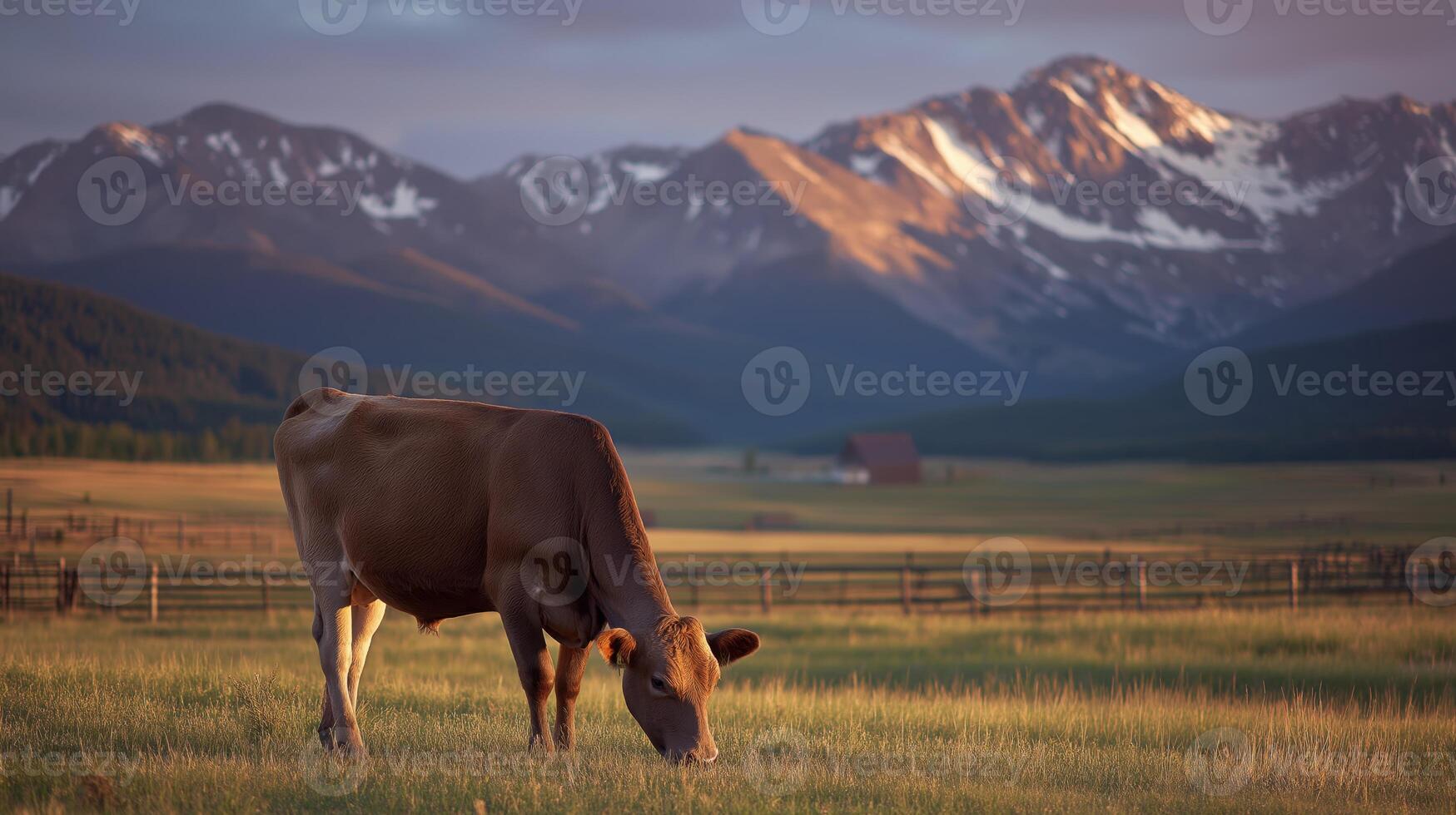 A cow grazes in a green field while mountains rise in the background during sunset. photo