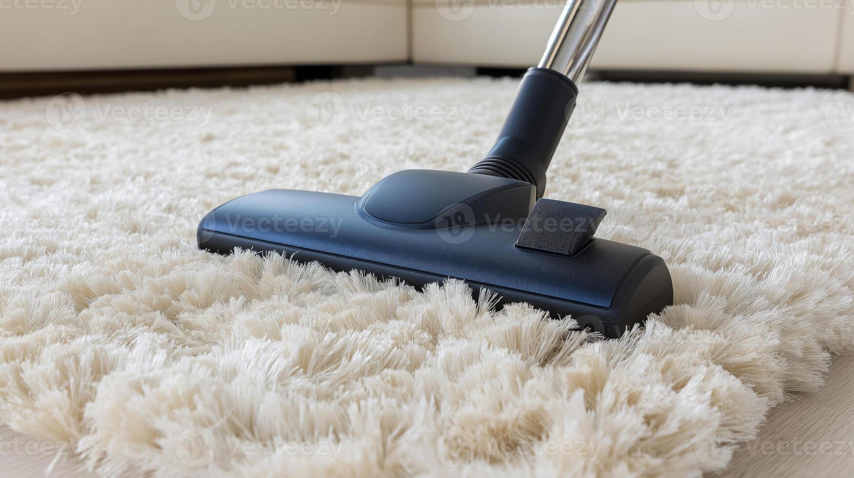 A vacuum cleaner is being used on a fluffy rug while cleaning a well-lit living room. photo