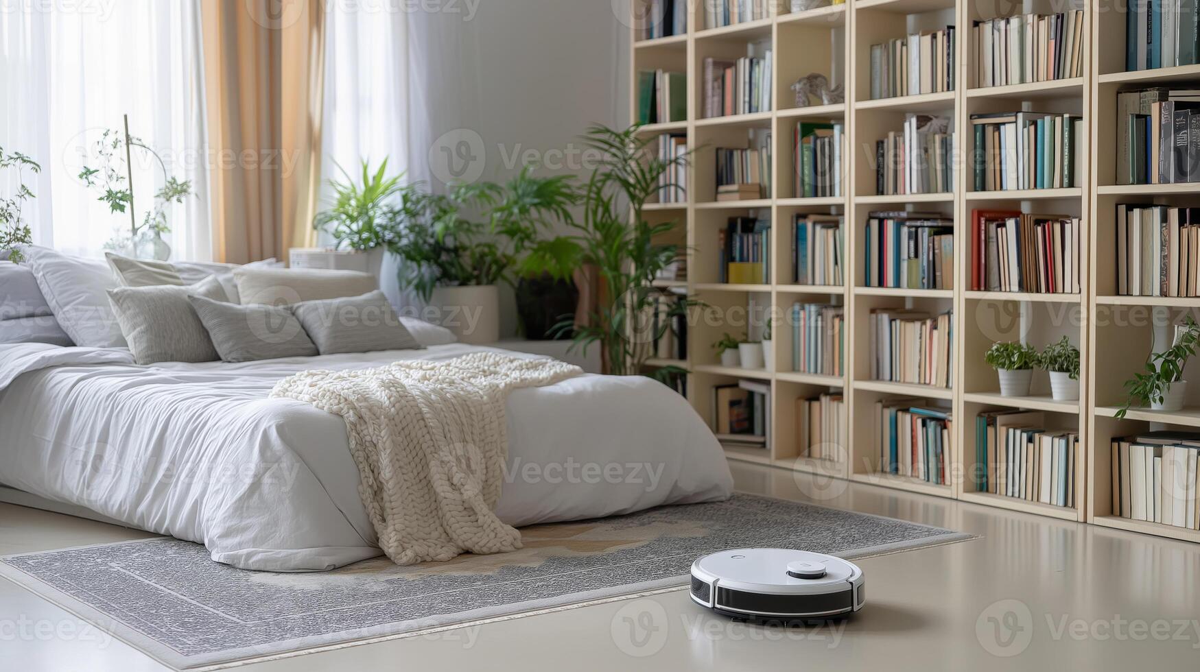 A robot vacuum cleans a cozy bedroom filled with plants and a large bookshelf in soft morning light. photo