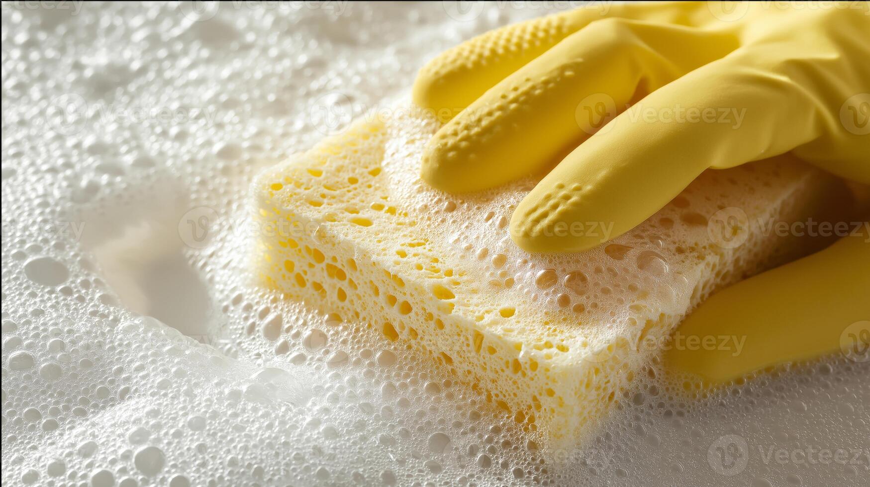 A hand in a yellow glove scrubs a soapy sponge in a kitchen sink filled with bubbles. photo