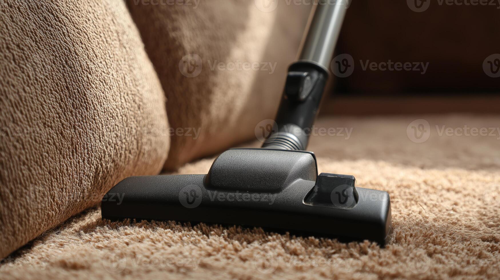 A vacuum cleaner is positioned on a soft carpet, cleaning up dust and crumbs in a living area. photo