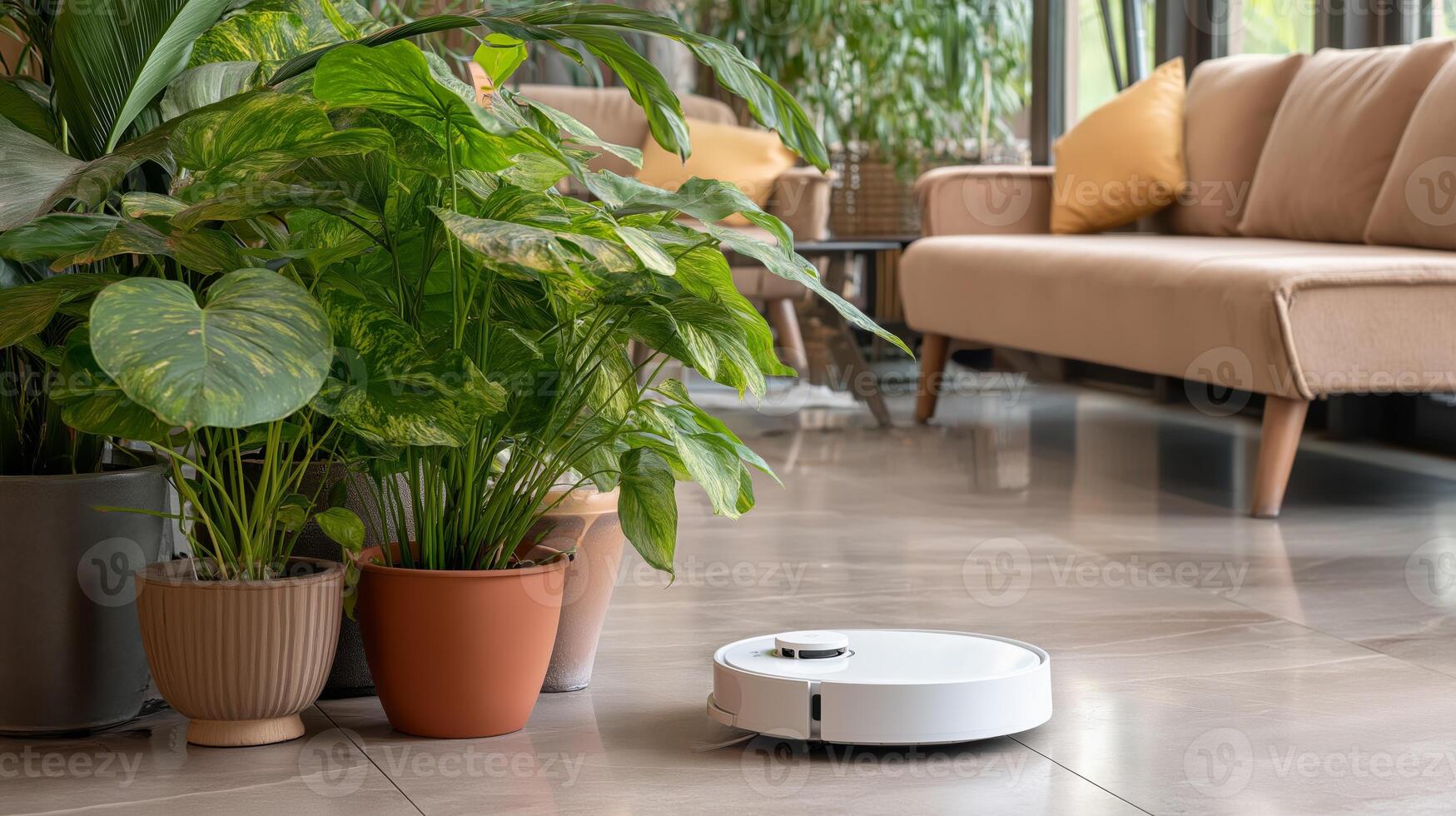 A robot vacuum is cleaning the tiled floor of a bright living room filled with greenery. photo