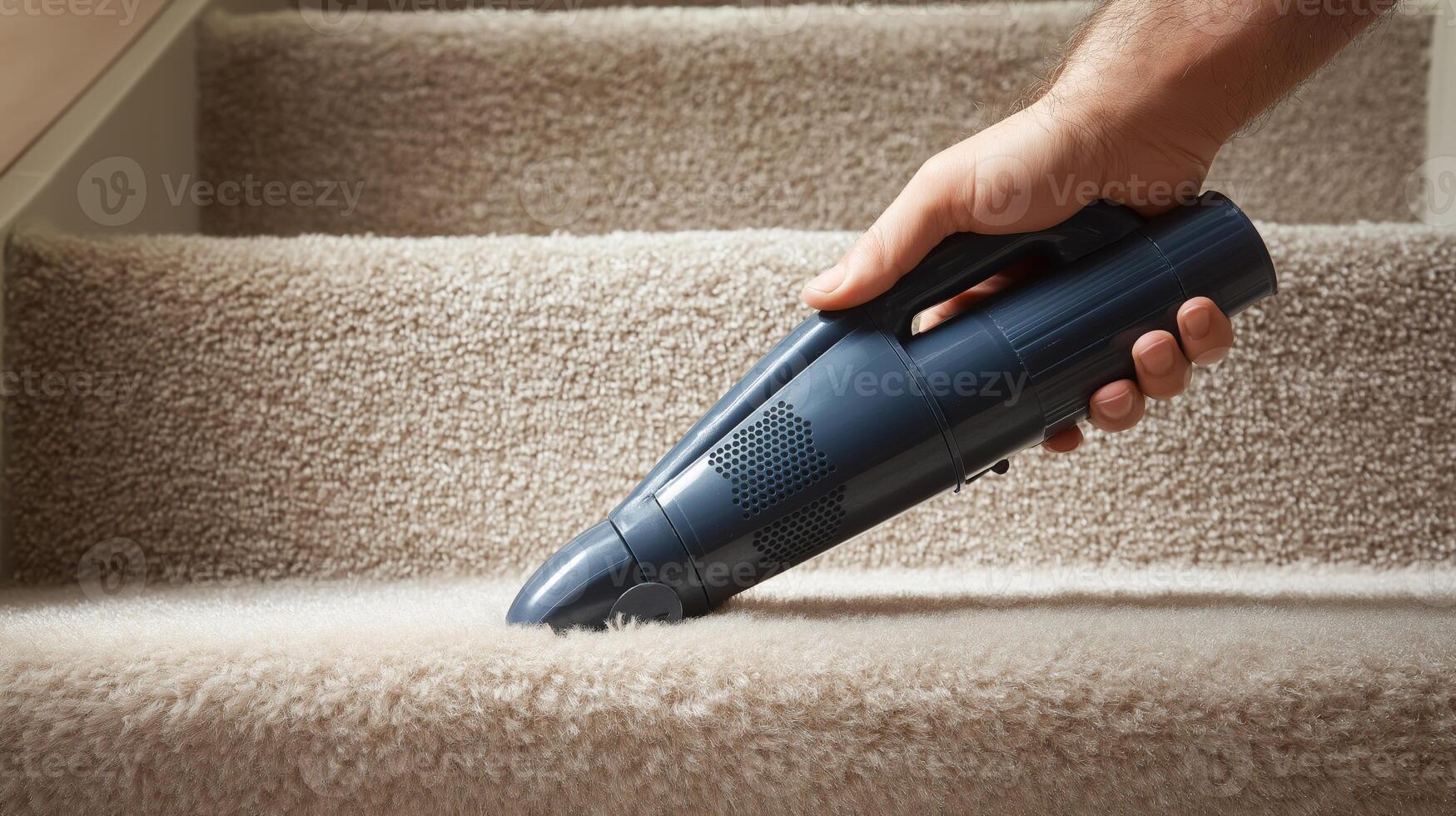 A person uses a handheld vacuum cleaner to clean carpets on stairs in a home setting. photo